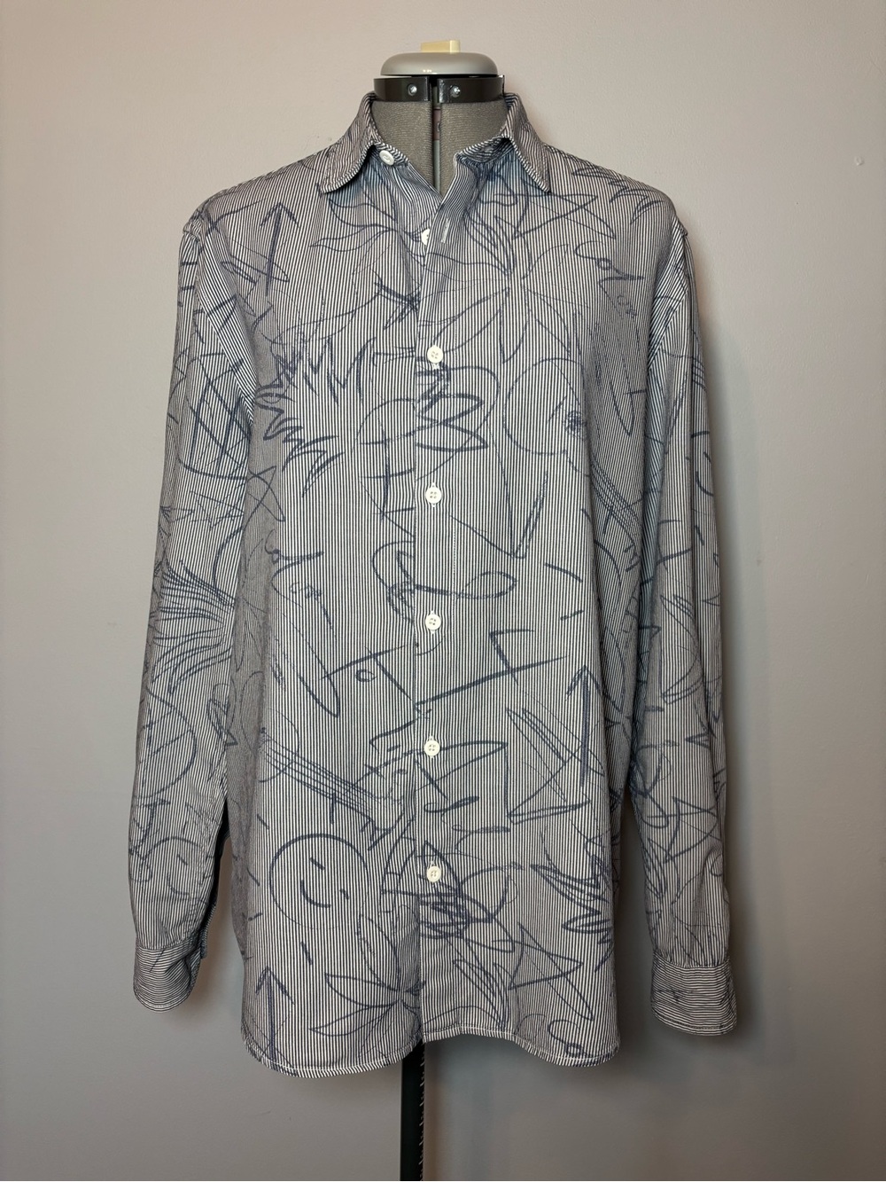 Desigual men’s White Button-Down Shirt with Navy Scribble Print - XL Slim